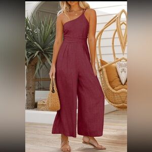 Women’s Jumpsuit One Shoulder High Waist Wide Leg Wine Red Size Large Romper